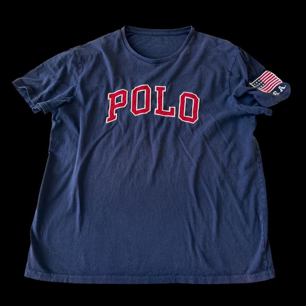 Polo Ralph‎ Lauren Mens Navy Blue USA Flag Patch Graphic T-Shirt Preppy - Large